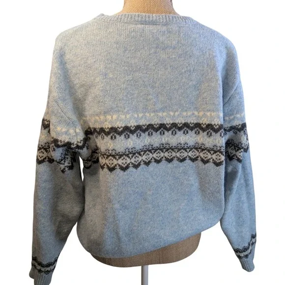 Vintage Indeed Fair Isle Shetland Wool Sweater Baby Blue Nordic Pullover Women L - Picture 3 of 8